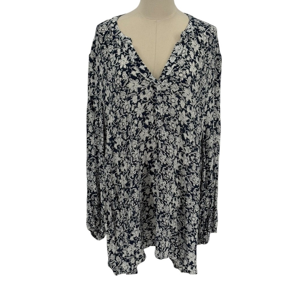 Falls Creek 2X Floral‎ Print V Neck Long Sleeve Blouse Top